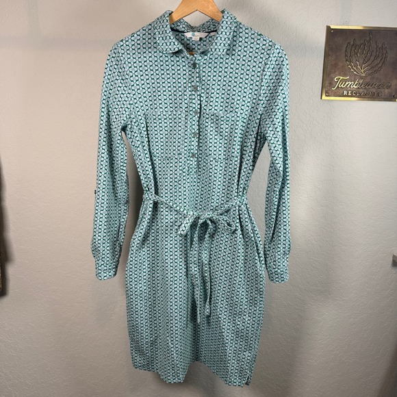 Boden Dresses & Skirts - Boden Green White Geometric Floral Cotton Jersey Shirt Dress Tie Waist US 4R